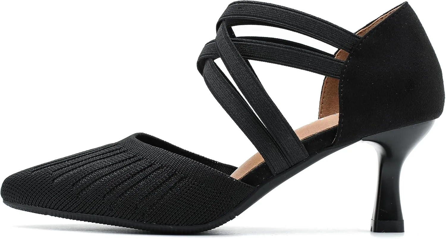Women's Low Kitten Heels Knit Pumps Elastic Crisscross Ankle Strap Slip On Dress Shoes