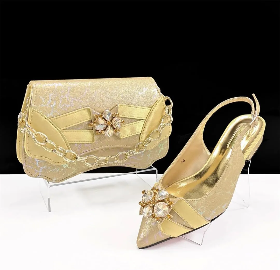 Women’S Luxurious Italian Shoe and Bag Set with Matching PU Soft Leather Pumps Thin Heels Platform for Special Occasions
