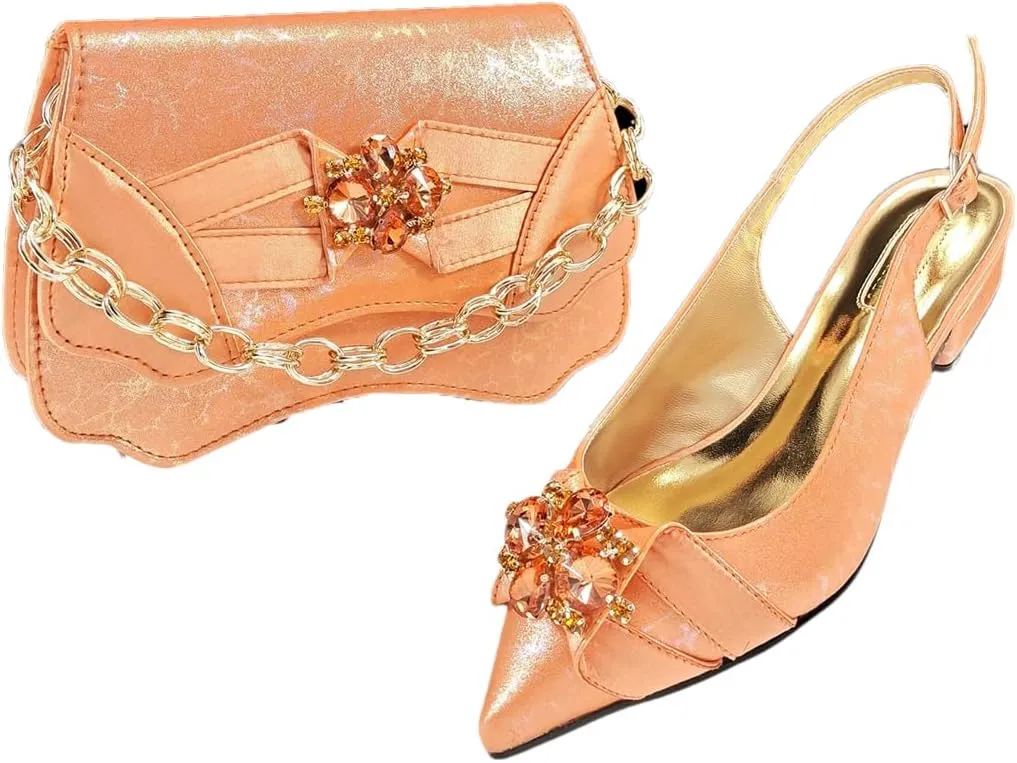 Women’S Luxurious Italian Shoe and Bag Set with Matching PU Soft Leather Pumps Thin Heels Platform for Special Occasions
