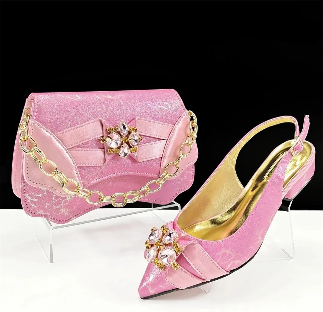 Women’S Luxurious Italian Shoe and Bag Set with Matching PU Soft Leather Pumps Thin Heels Platform for Special Occasions