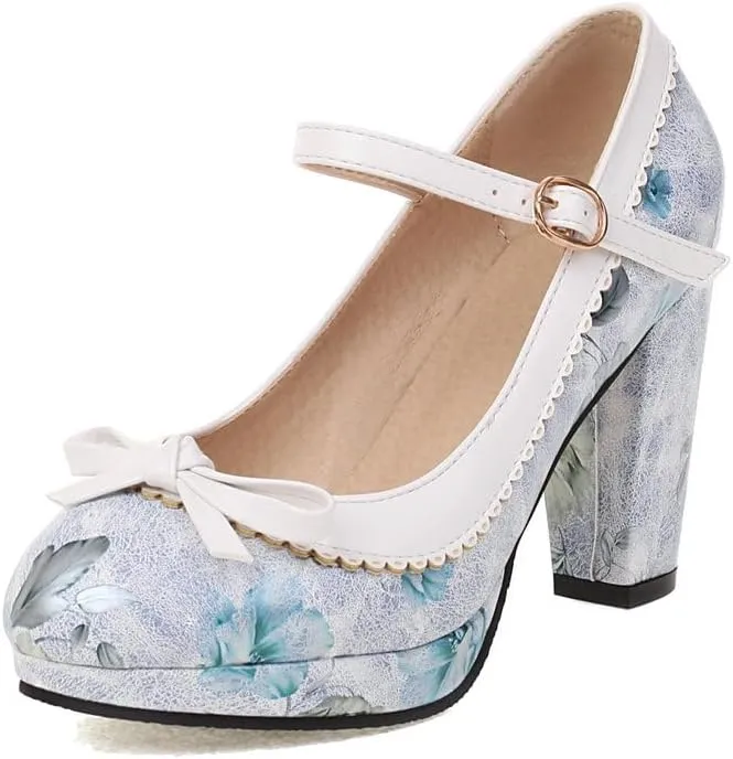 Womens Mary Jane Heels Floral Chic Bow Lolita Platform High Heels Kawaii Shoes Round Toe Dress Party Platform Pumps