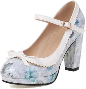Womens Mary Jane Heels Floral Chic Bow Lolita Platform High Heels Kawaii Shoes Round Toe Dress Party Platform Pumps