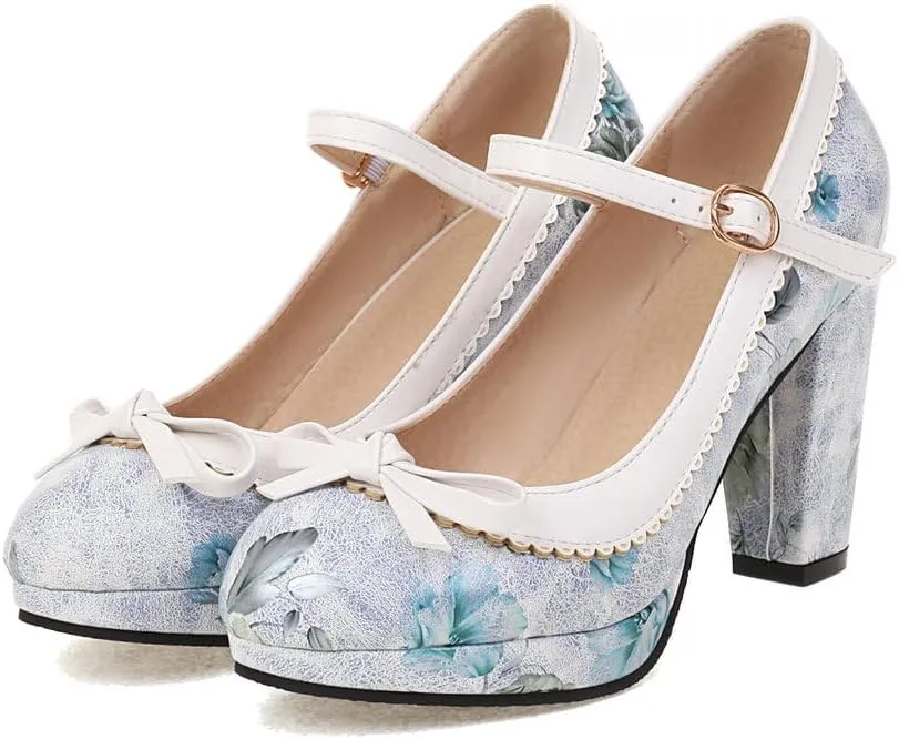 Womens Mary Jane Heels Floral Chic Bow Lolita Platform High Heels Kawaii Shoes Round Toe Dress Party Platform Pumps