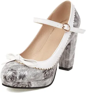 Womens Mary Jane Heels Floral Chic Bow Lolita Platform High Heels Kawaii Shoes Round Toe Dress Party Platform Pumps