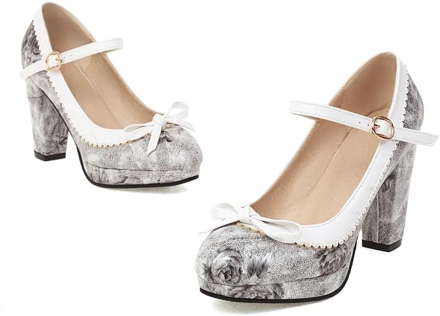 Womens Mary Jane Heels Floral Chic Bow Lolita Platform High Heels Kawaii Shoes Round Toe Dress Party Platform Pumps