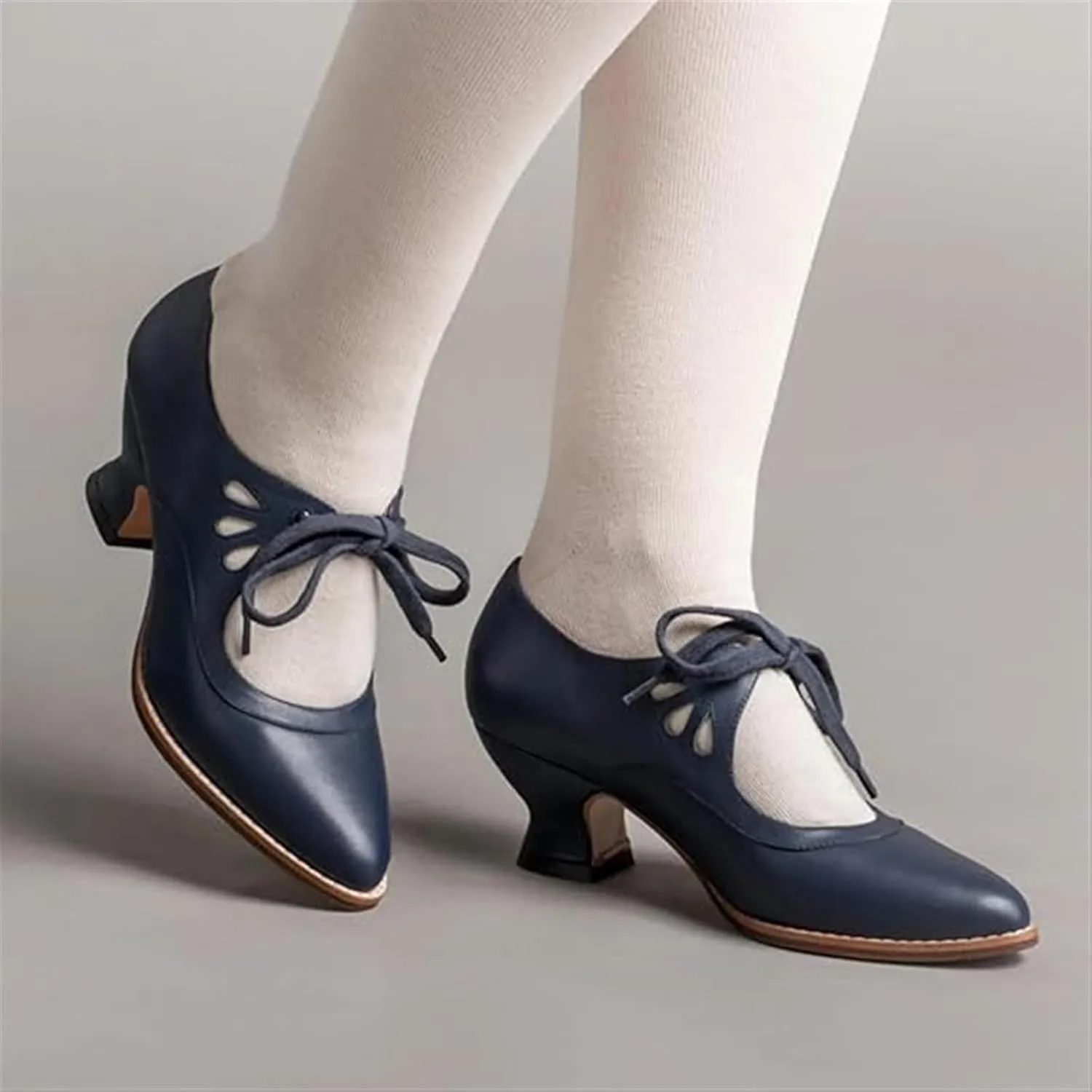 Women's Mary Jane Pumps Vintage Chunky Heel Lace Up High Heel Ladies Hollow Pointed Toe Dress Shoes for Daily