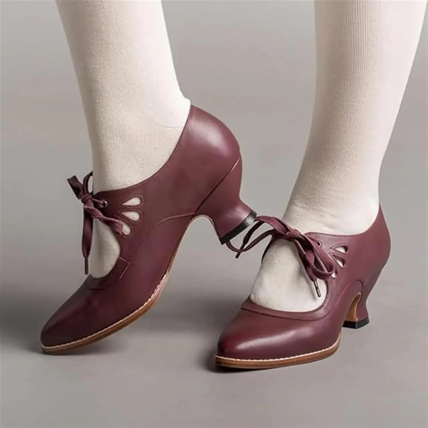 Women's Mary Jane Pumps Vintage Chunky Heel Lace Up High Heel Ladies Hollow Pointed Toe Dress Shoes for Daily