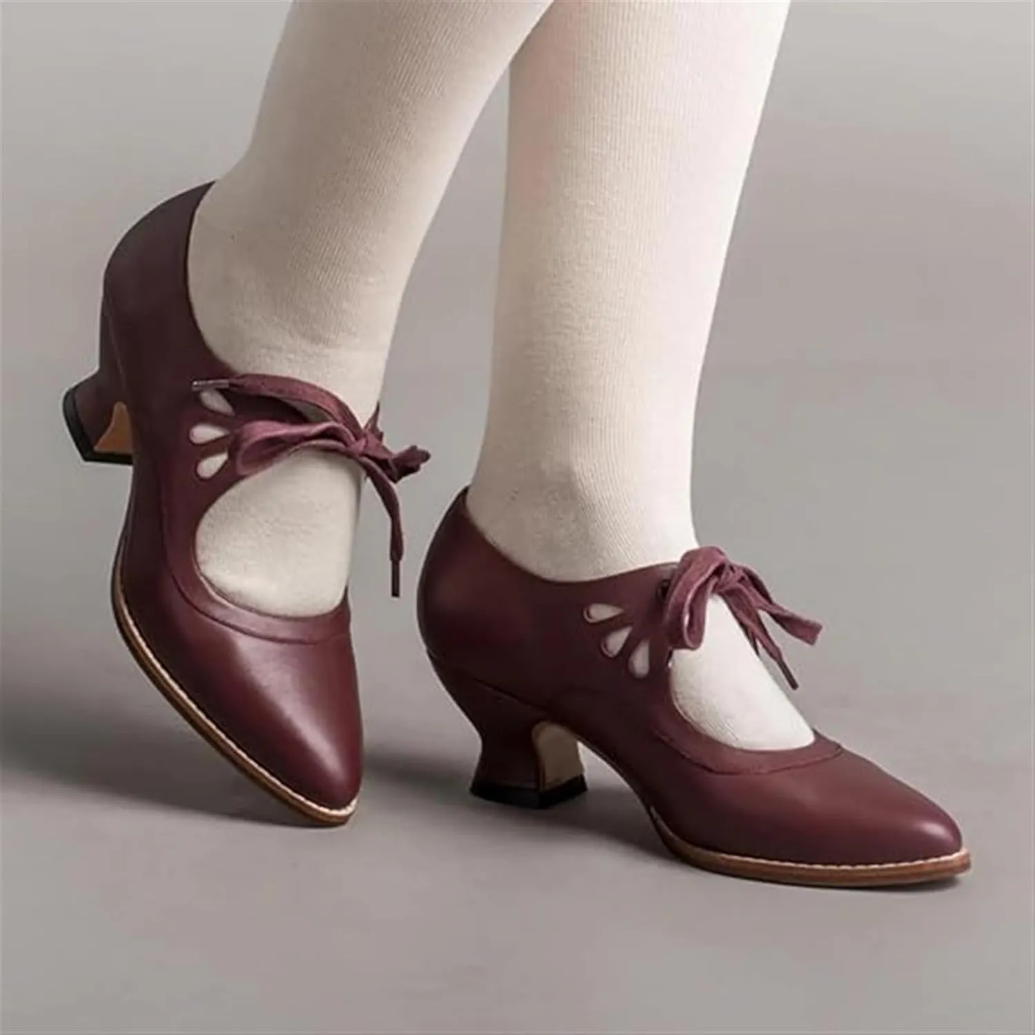 Women's Mary Jane Pumps Vintage Chunky Heel Lace Up High Heel Ladies Hollow Pointed Toe Dress Shoes for Daily