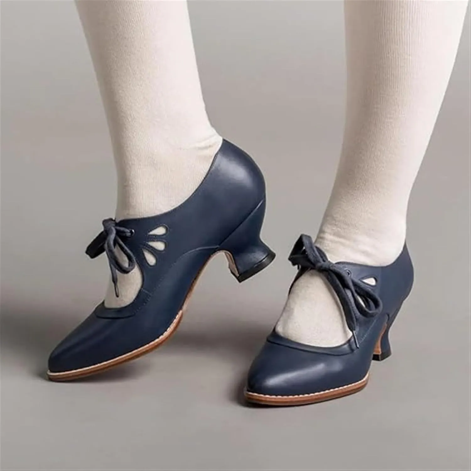 Women's Mary Jane Pumps Vintage Chunky Heel Lace Up High Heel Ladies Hollow Pointed Toe Dress Shoes for Daily