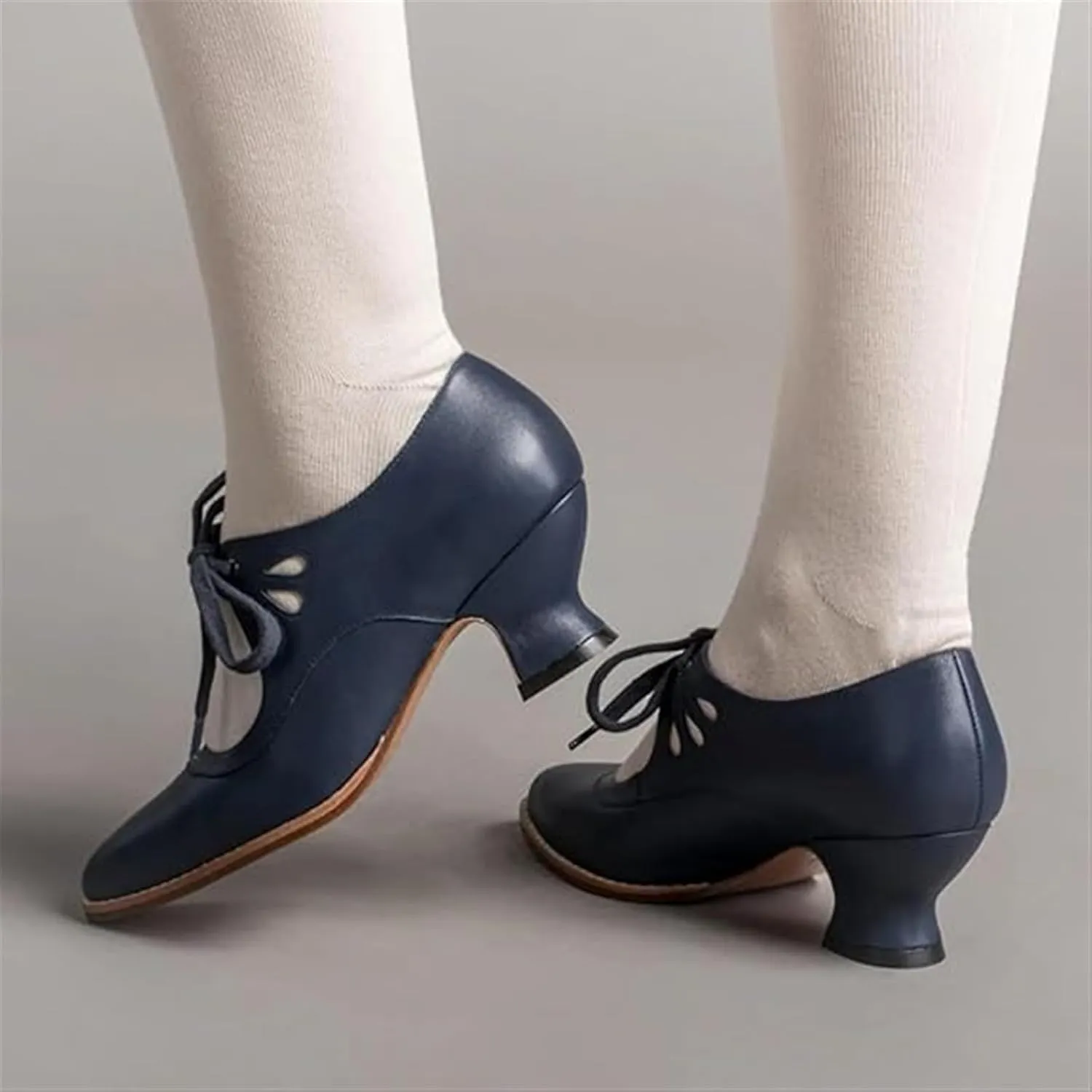 Women's Mary Jane Pumps Vintage Chunky Heel Lace Up High Heel Ladies Hollow Pointed Toe Dress Shoes for Daily