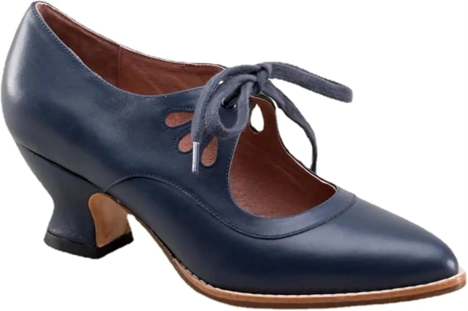 Women's Mary Jane Pumps Vintage Chunky Heel Lace Up High Heel Ladies Hollow Pointed Toe Dress Shoes for Daily