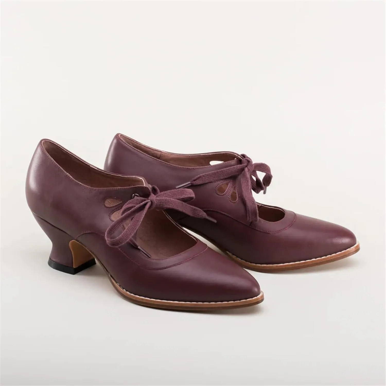 Women's Mary Jane Pumps Vintage Chunky Heel Lace Up High Heel Ladies Hollow Pointed Toe Dress Shoes for Daily
