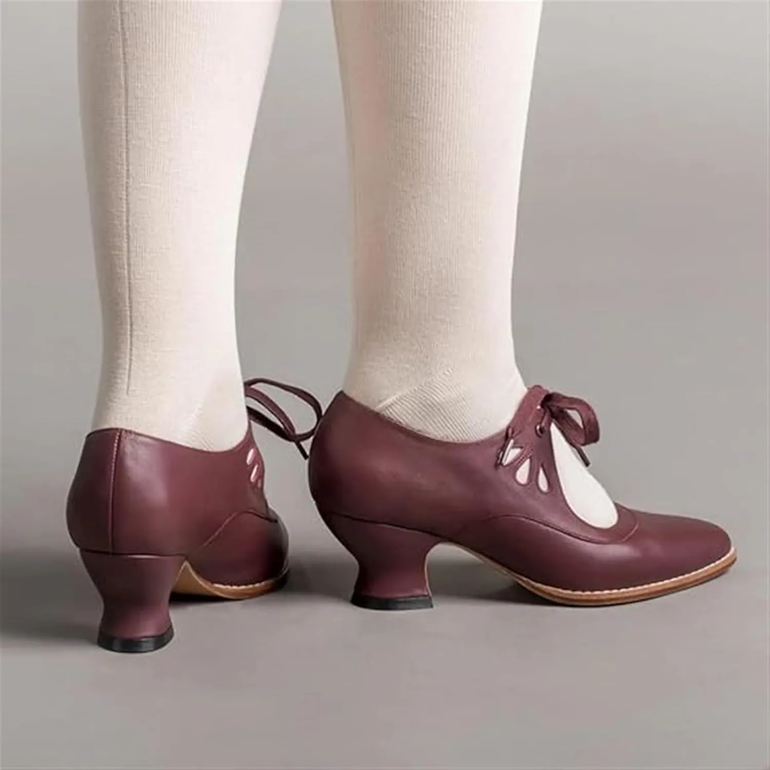 Women's Mary Jane Pumps Vintage Chunky Heel Lace Up High Heel Ladies Hollow Pointed Toe Dress Shoes for Daily