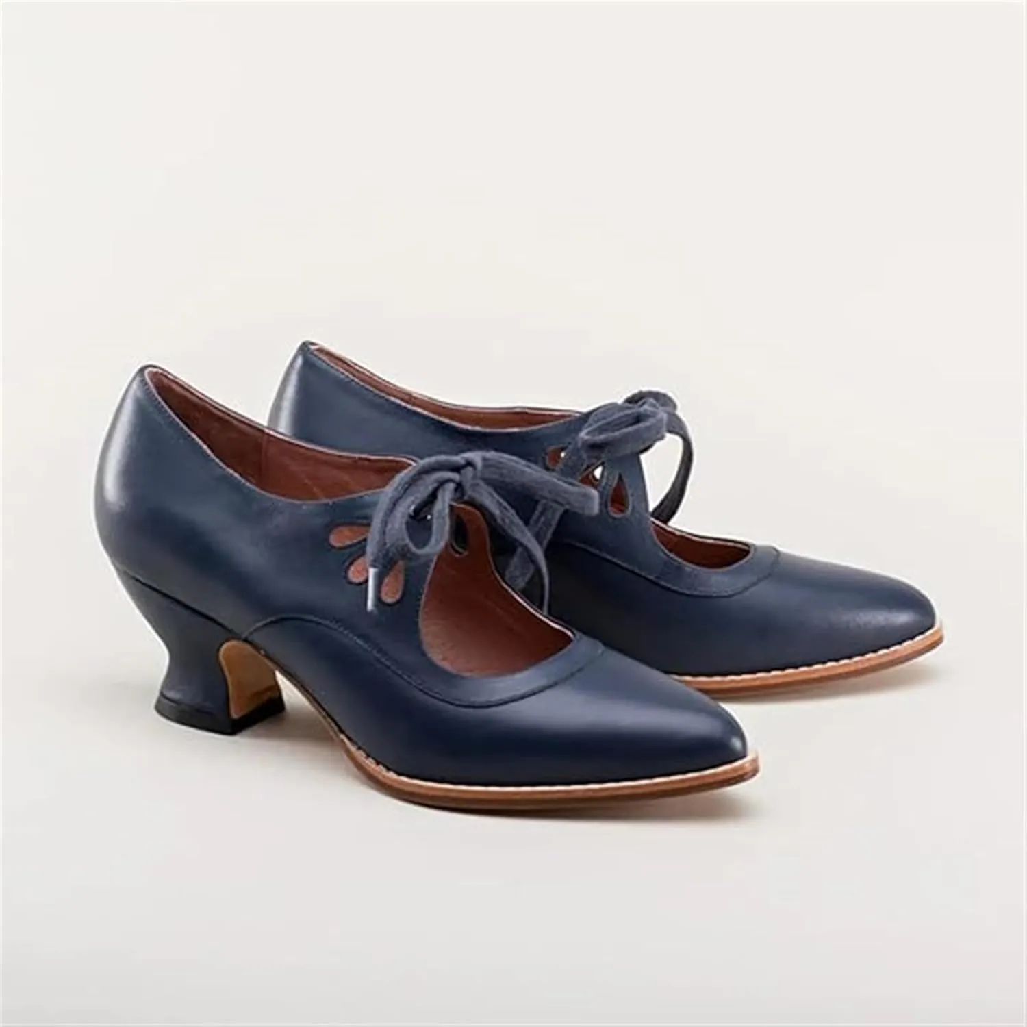 Women's Mary Jane Pumps Vintage Chunky Heel Lace Up High Heel Ladies Hollow Pointed Toe Dress Shoes for Daily