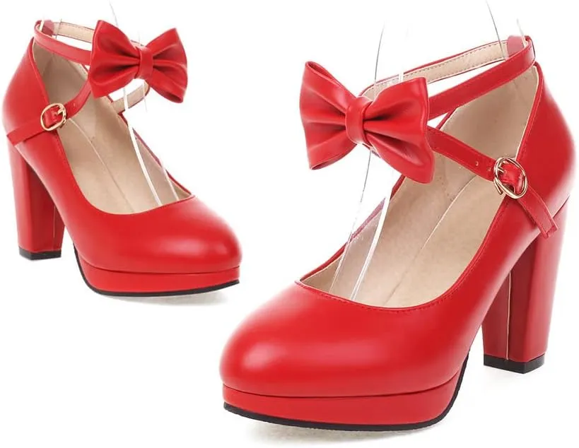 Womens Mary Jane Shoes Solid Chic Bow Lolita Platform High Heels Kawaii Shoes Round Toe Dress Pumps