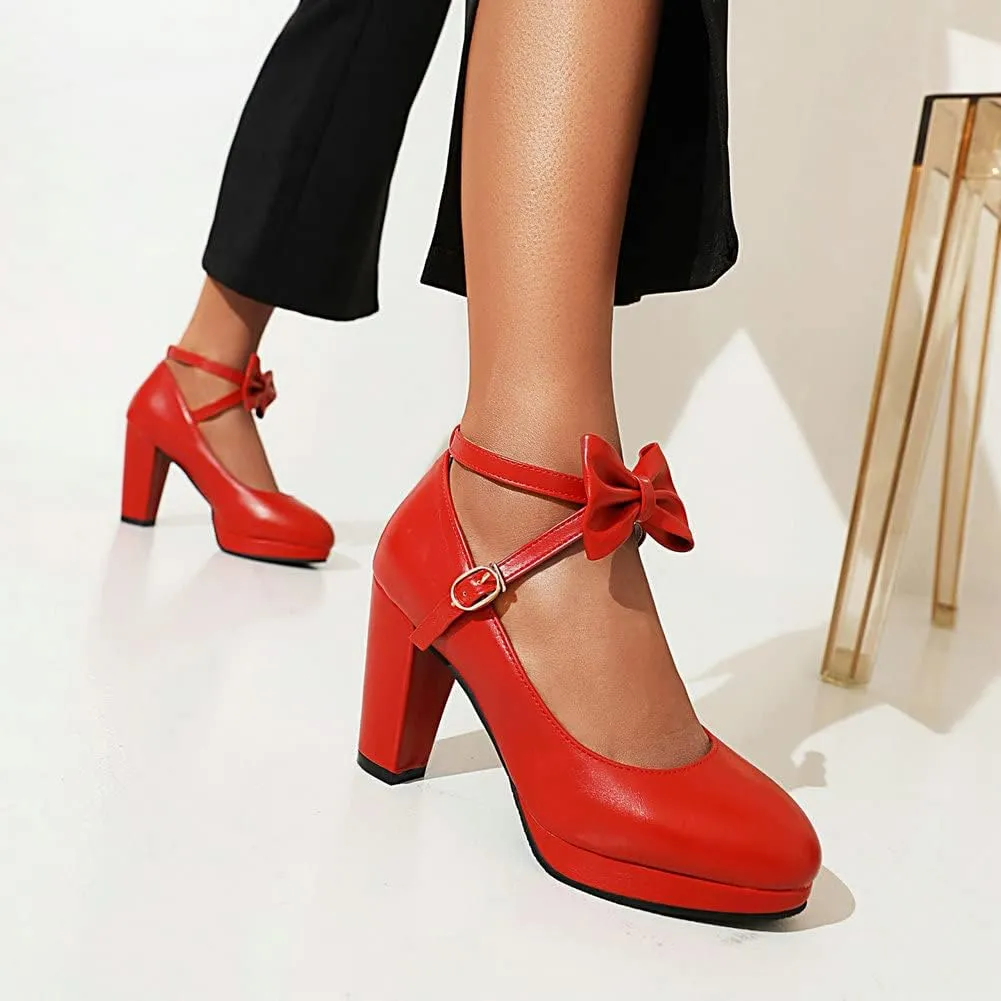 Womens Mary Jane Shoes Solid Chic Bow Lolita Platform High Heels Kawaii Shoes Round Toe Dress Pumps