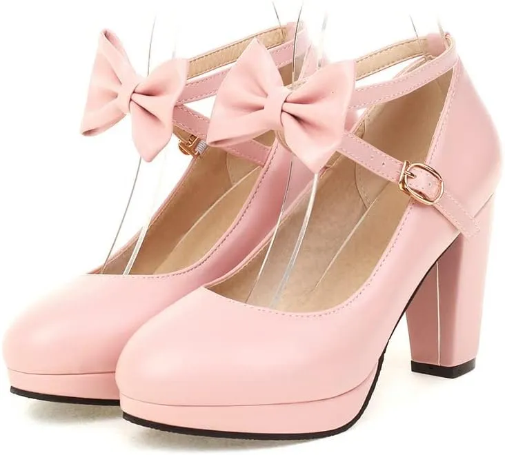 Womens Mary Jane Shoes Solid Chic Bow Lolita Platform High Heels Kawaii Shoes Round Toe Dress Pumps