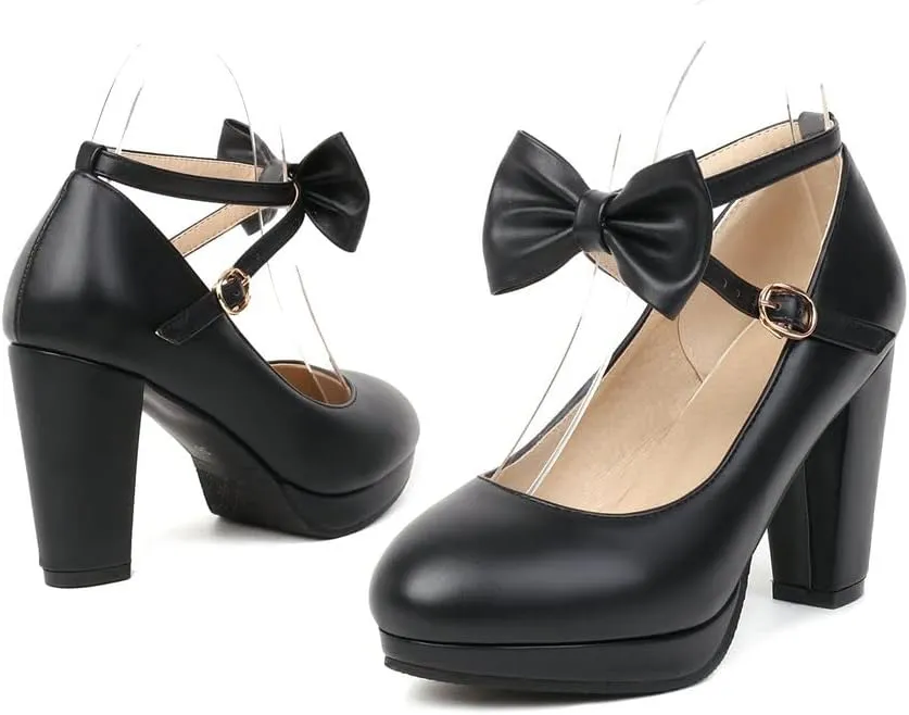 Womens Mary Jane Shoes Solid Chic Bow Lolita Platform High Heels Kawaii Shoes Round Toe Dress Pumps
