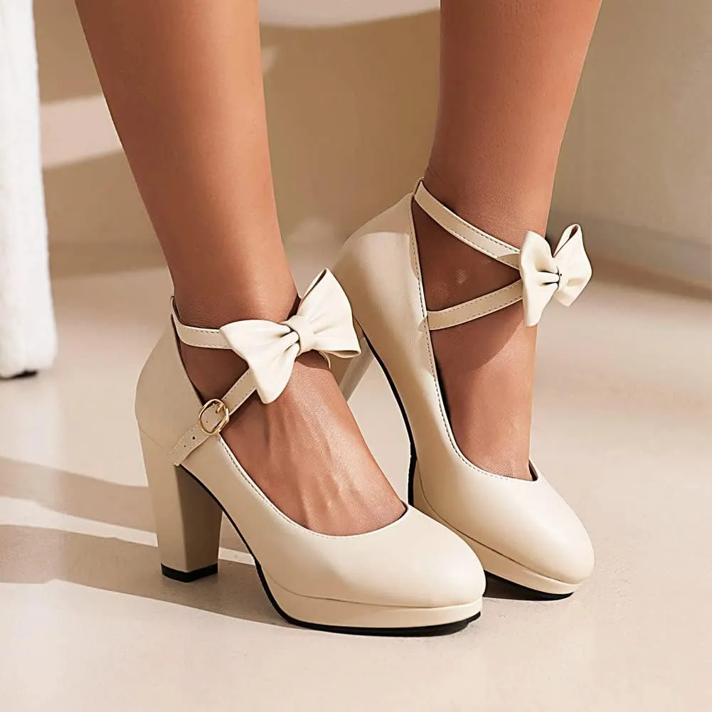 Womens Mary Jane Shoes Solid Chic Bow Lolita Platform High Heels Kawaii Shoes Round Toe Dress Pumps