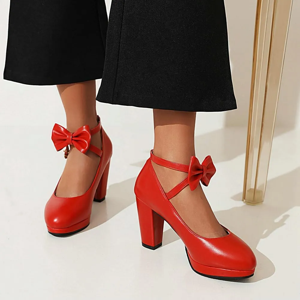 Womens Mary Jane Shoes Solid Chic Bow Lolita Platform High Heels Kawaii Shoes Round Toe Dress Pumps