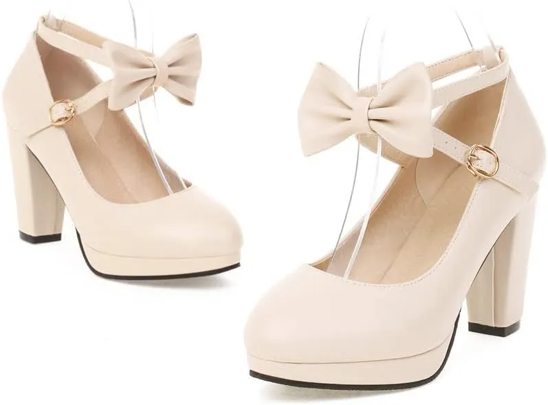Womens Mary Jane Shoes Solid Chic Bow Lolita Platform High Heels Kawaii Shoes Round Toe Dress Pumps
