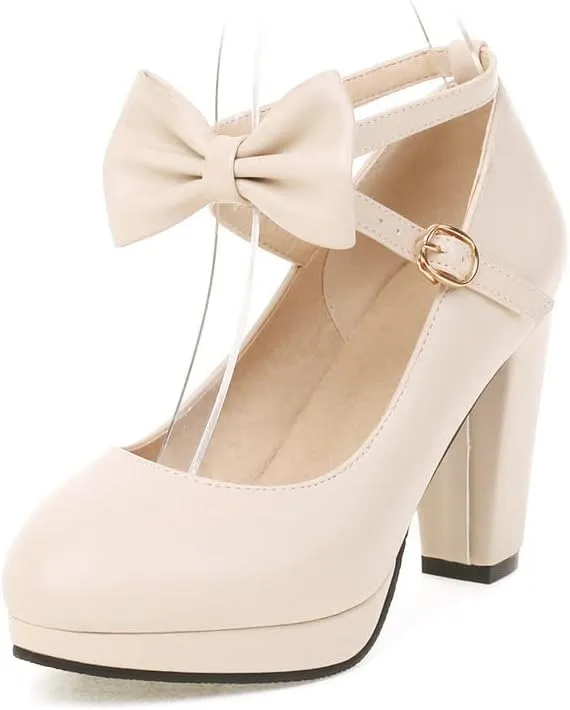 Womens Mary Jane Shoes Solid Chic Bow Lolita Platform High Heels Kawaii Shoes Round Toe Dress Pumps
