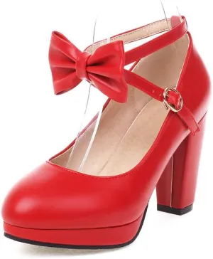 Womens Mary Jane Shoes Solid Chic Bow Lolita Platform High Heels Kawaii Shoes Round Toe Dress Pumps