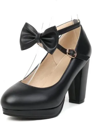 Womens Mary Jane Shoes Solid Chic Bow Lolita Platform High Heels Kawaii Shoes Round Toe Dress Pumps