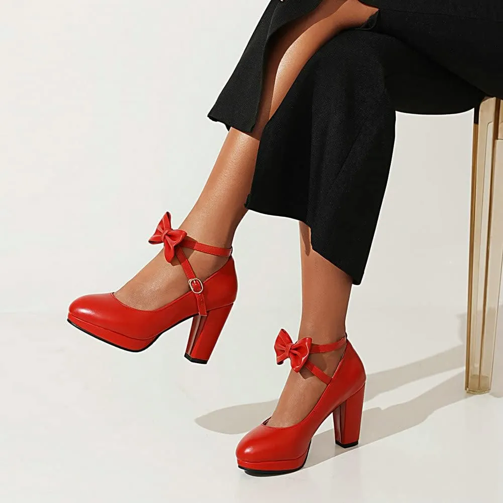 Womens Mary Jane Shoes Solid Chic Bow Lolita Platform High Heels Kawaii Shoes Round Toe Dress Pumps