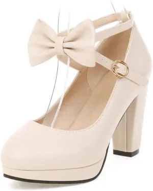 Womens Mary Jane Shoes Solid Chic Bow Lolita Platform High Heels Kawaii Shoes Round Toe Dress Pumps