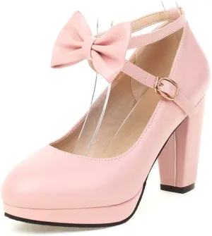 Womens Mary Jane Shoes Solid Chic Bow Lolita Platform High Heels Kawaii Shoes Round Toe Dress Pumps