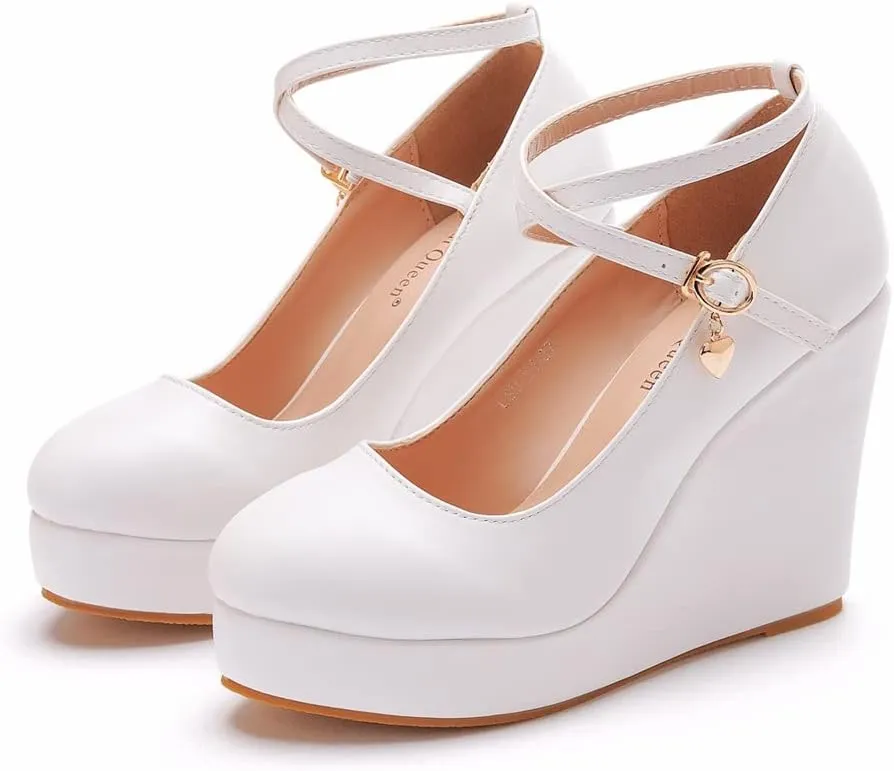 Women's Mary Jane Wedge Solid Buckle Evening Dress Round Toe Platform Lolita Shoes Cross Shoes 4 Inch Heel Height Pumps