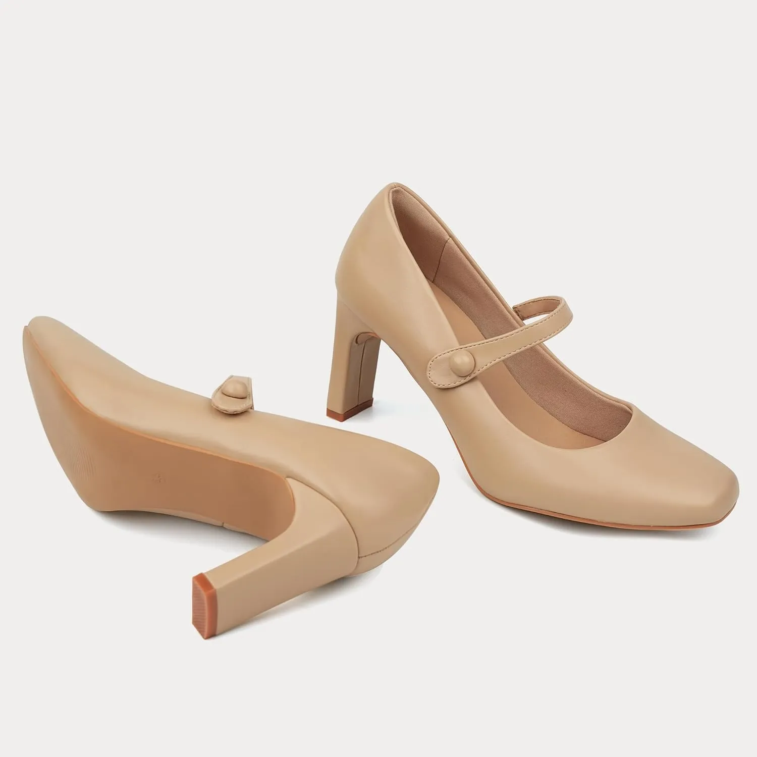 Womens Mary Janes Chunky Heels Square Toe Pumps