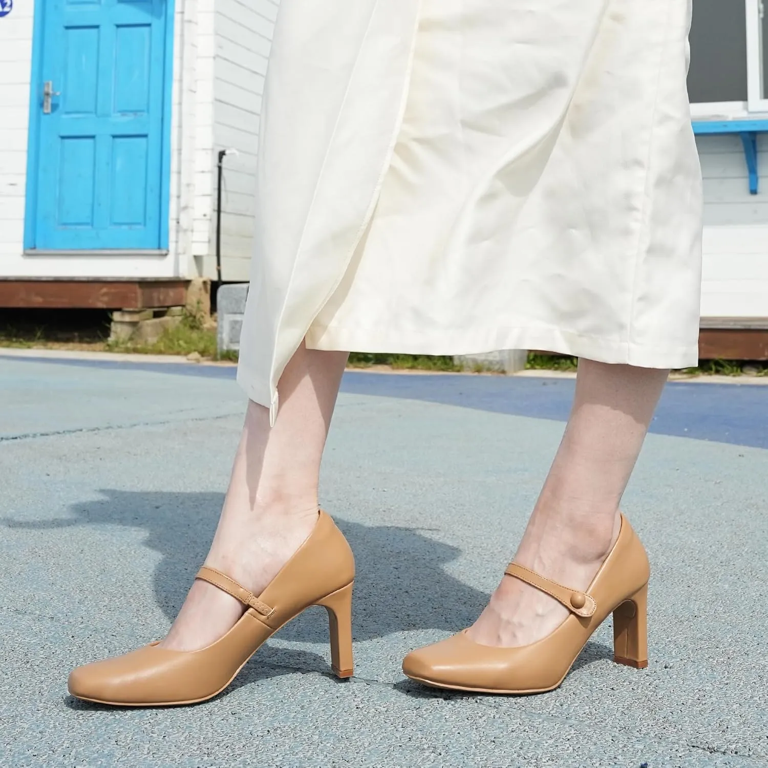 Womens Mary Janes Chunky Heels Square Toe Pumps
