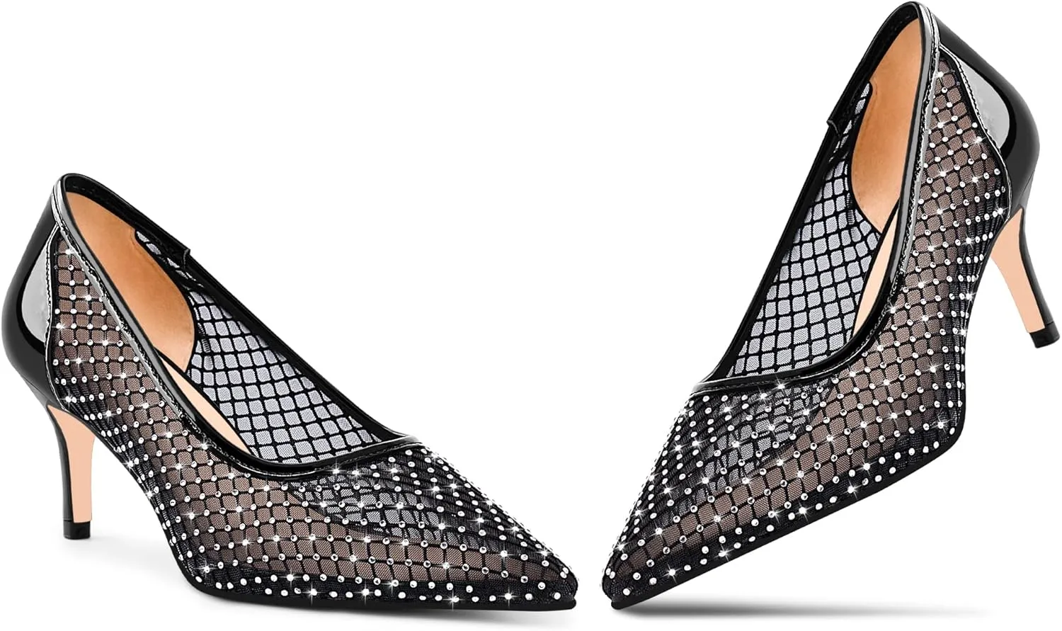 Women's Mesh Pointed Toe Stiletto Heel Pumps Rhinestone Slip On Wedding Party Dress Shoes