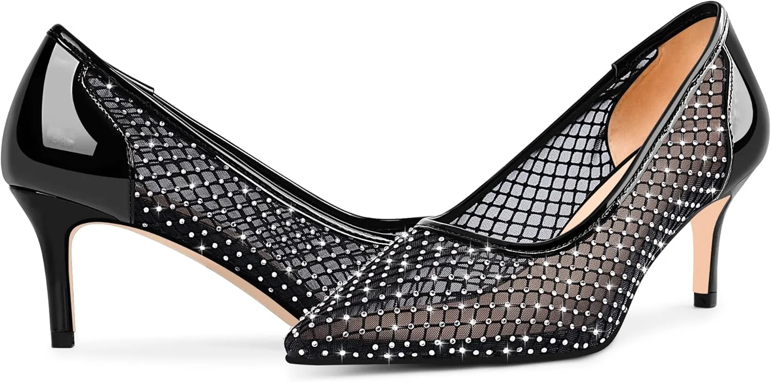 Women's Mesh Pointed Toe Stiletto Heel Pumps Rhinestone Slip On Wedding Party Dress Shoes