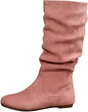 Women's Mid Calf Short Boots Round Toe Wedge Boots Suede Dress Shoes with Zipper Vintage Classic Zipper Boots