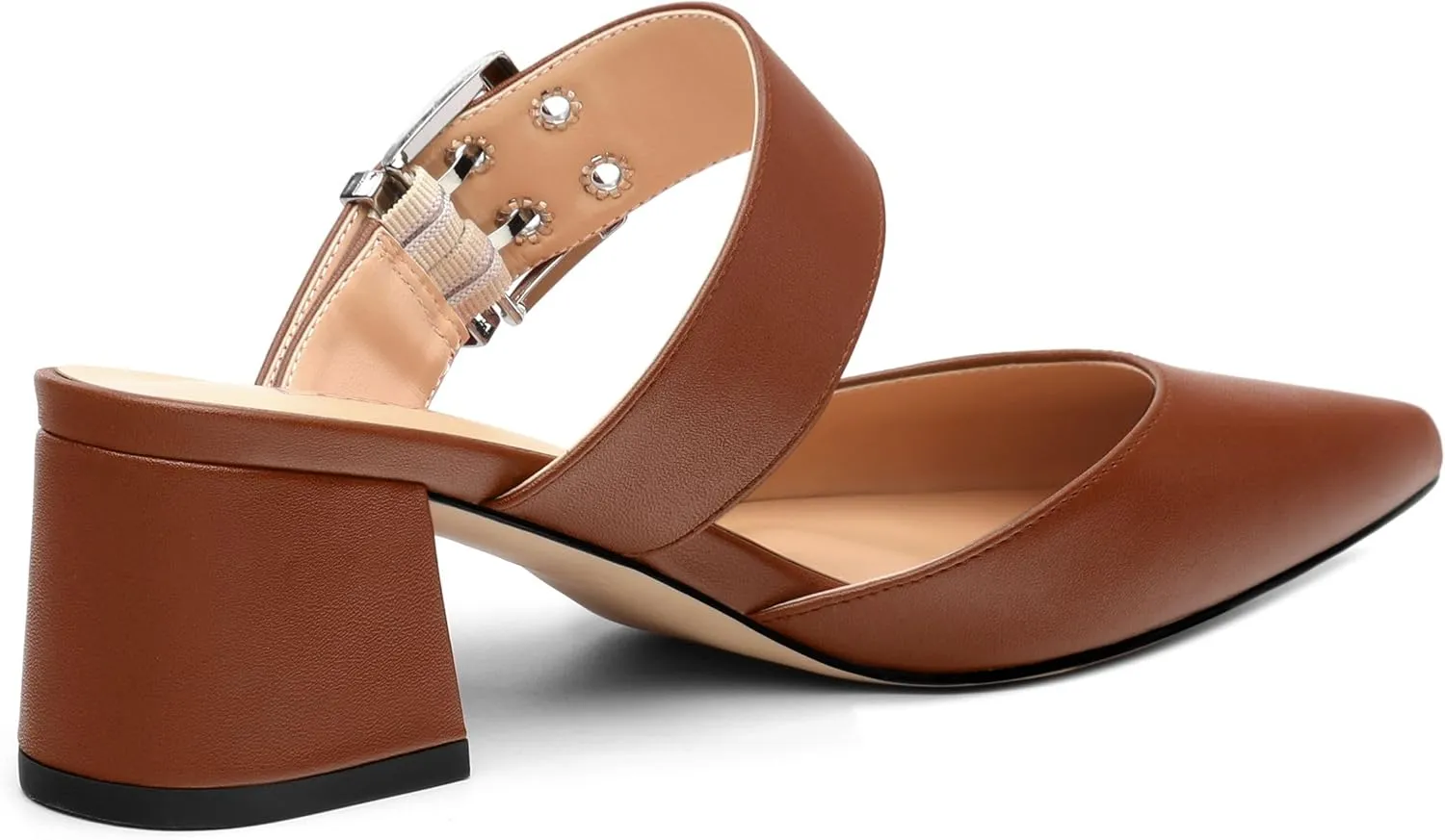 Women's Mules Buckle Adjustable Strap Pointed Toe Comfort Casual Matte Chunky Low Heel Pumps Slide Sandals 2 Inch