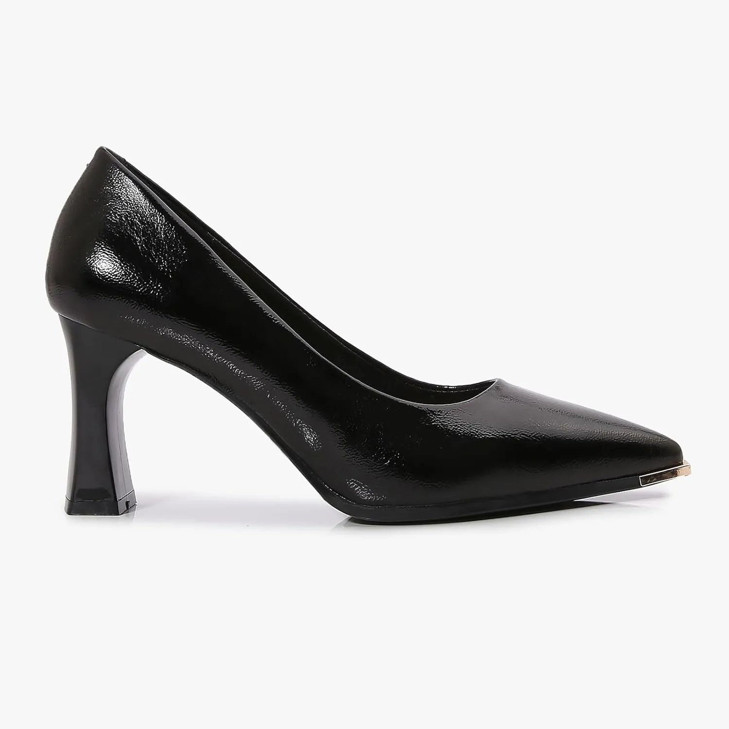 Women's Patent Block Heel Pumps, Pointed Toe with Metal Tip