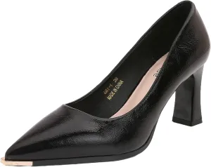 Women's Patent Block Heel Pumps, Pointed Toe with Metal Tip