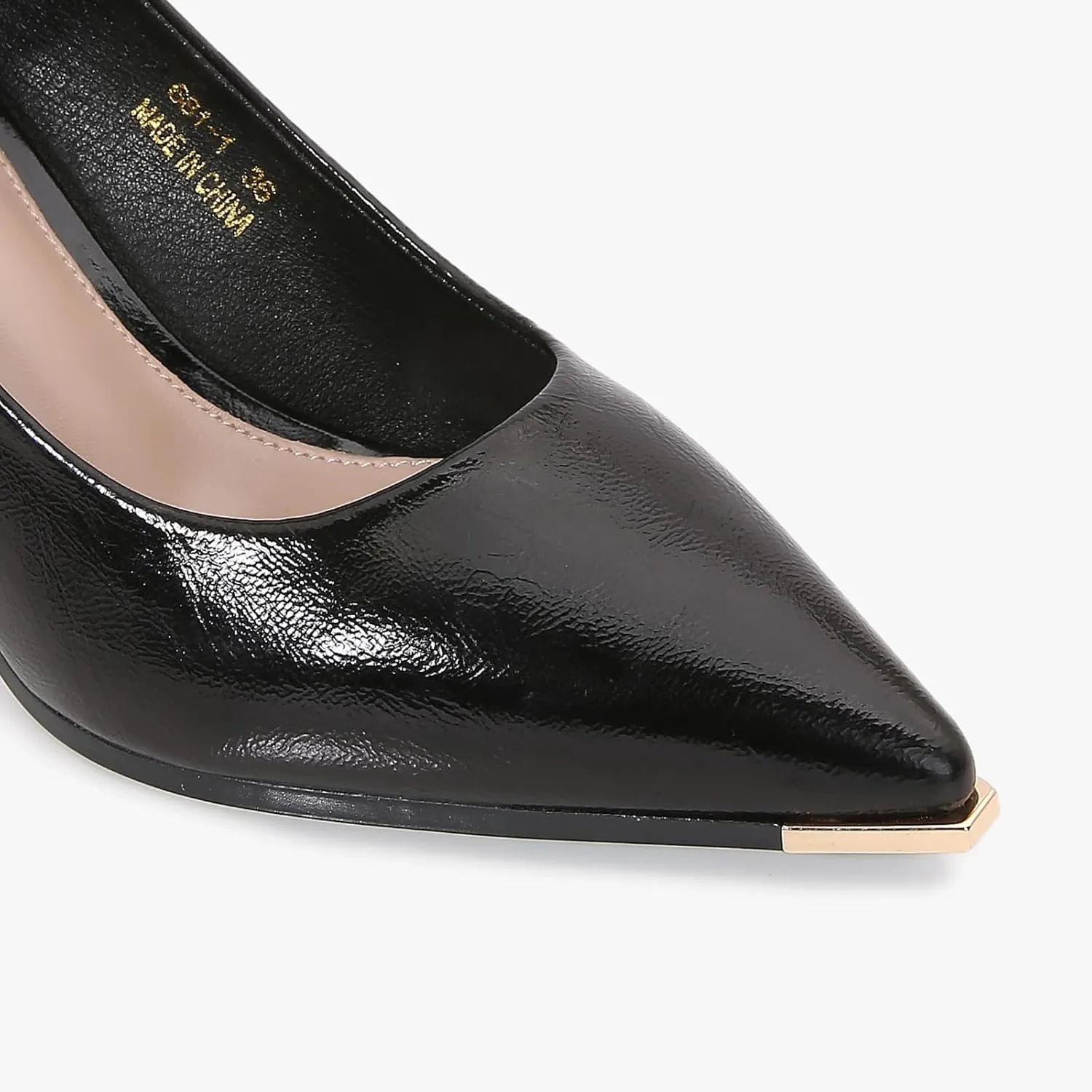 Women's Patent Block Heel Pumps, Pointed Toe with Metal Tip
