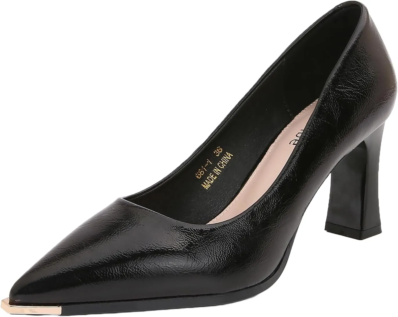 Women's Patent Block Heel Pumps, Pointed Toe with Metal Tip