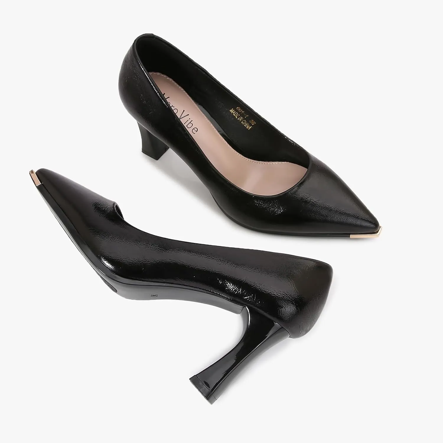 Women's Patent Block Heel Pumps, Pointed Toe with Metal Tip