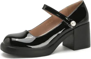 Women's Patent Leather Mary Jane Platform Chunky Heel Pumps Classic Round Toe Ankle Strap Non-Slip Mid Block Heel Dress Shoes with Adjustable Hook and Loop
