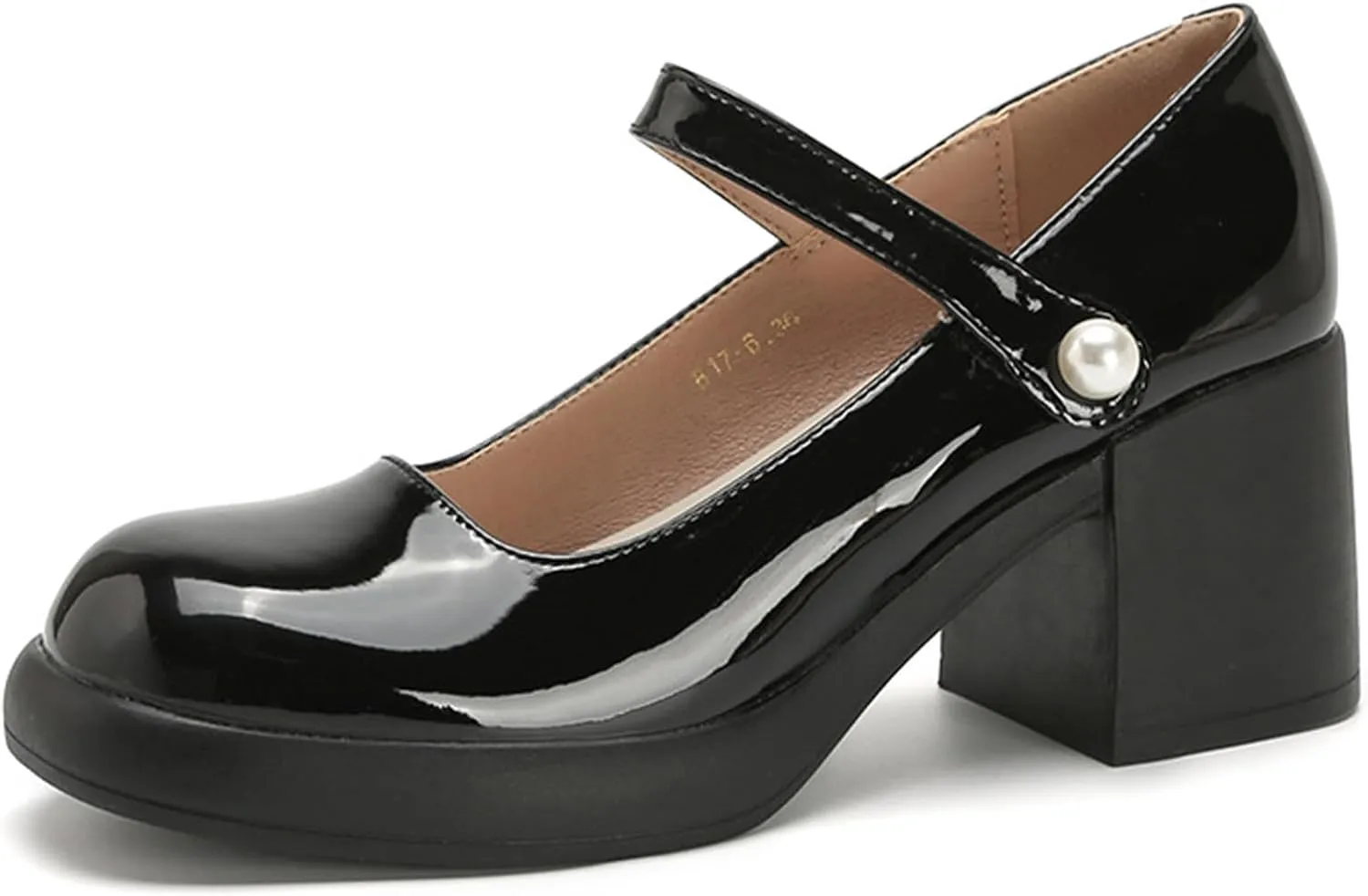 Women's Patent Leather Mary Jane Platform Chunky Heel Pumps Classic Round Toe Ankle Strap Non-Slip Mid Block Heel Dress Shoes with Adjustable Hook and Loop