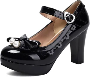 Women's Patent Leather Platform Chunky Heel Mary Jane Heels Comfort Closed Toe Elegant Pearl Bow Ankle Strap Kawaii Dress Pumps