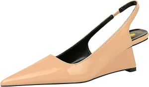 Women's Patent Leather Slingback Wedge Pumps Fashion Closed Pointed Toe Slip-on Elegant High Heels for Party Date Wedding Dressy Shoes