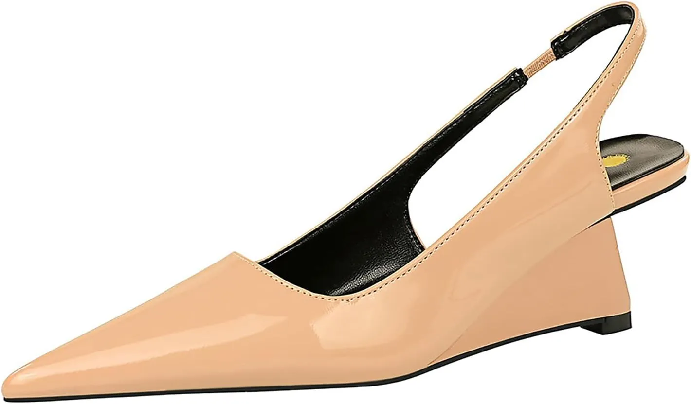Women's Patent Leather Slingback Wedge Pumps Fashion Closed Pointed Toe Slip-on Elegant High Heels for Party Date Wedding Dressy Shoes