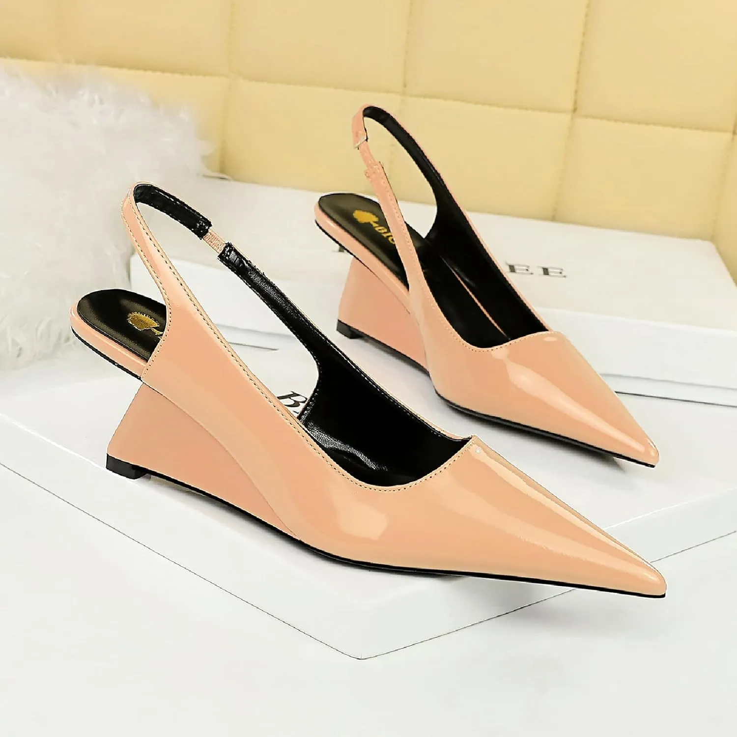 Women's Patent Leather Slingback Wedge Pumps Fashion Closed Pointed Toe Slip-on Elegant High Heels for Party Date Wedding Dressy Shoes