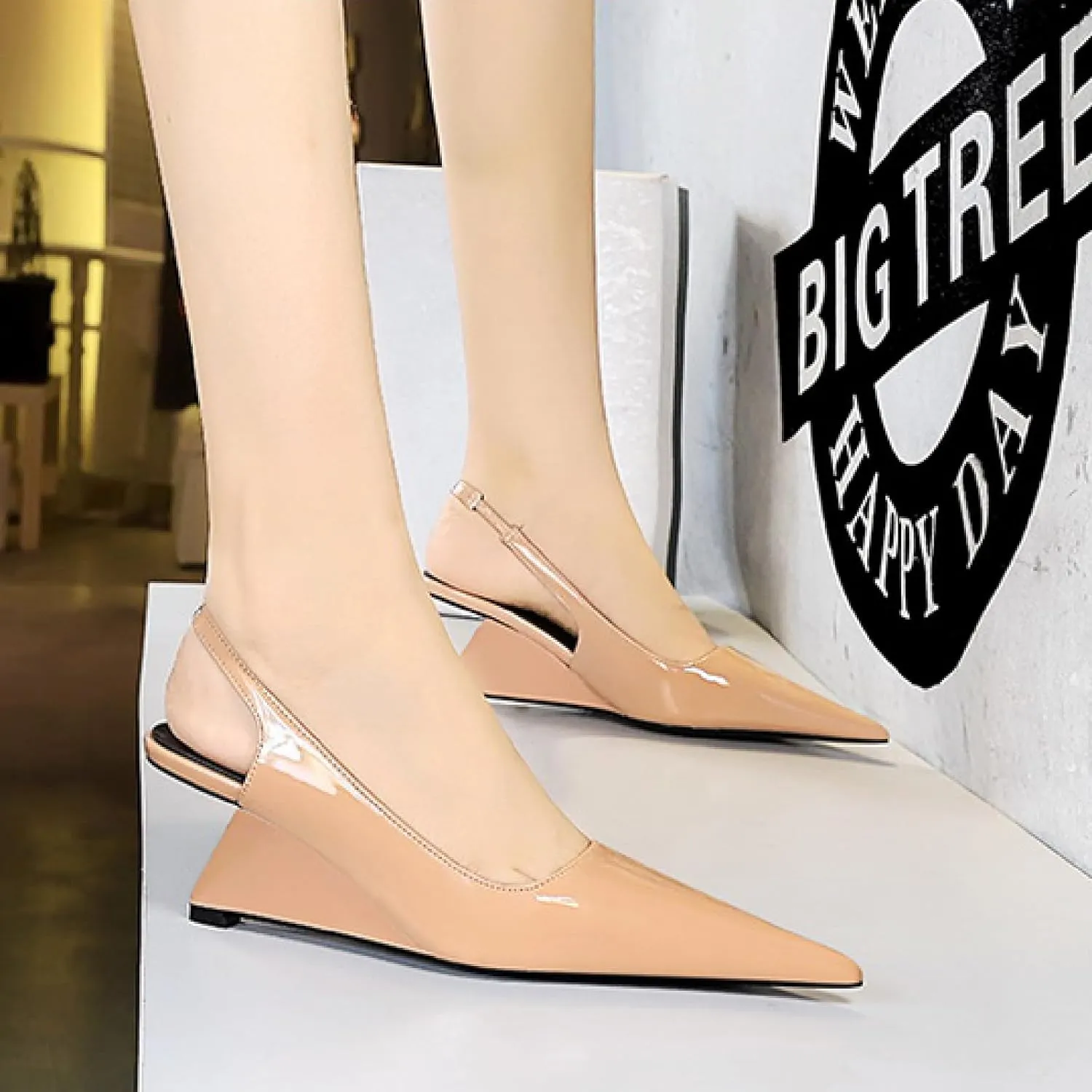 Women's Patent Leather Slingback Wedge Pumps Fashion Closed Pointed Toe Slip-on Elegant High Heels for Party Date Wedding Dressy Shoes